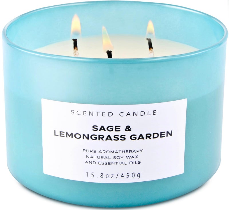 Sage Lemongrass Garden 3Wick Scented Candle 158 oz Large Soy Candle for Home Aromatherapy Stress Relief Candle Highly Scented Clean Burn Spa Gift